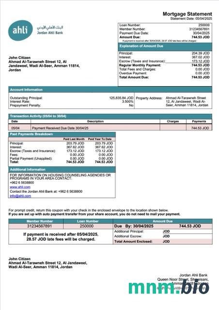 Jordania Bank Ahli wyciąg z kredytu hipotecznego szablon Word i PDF